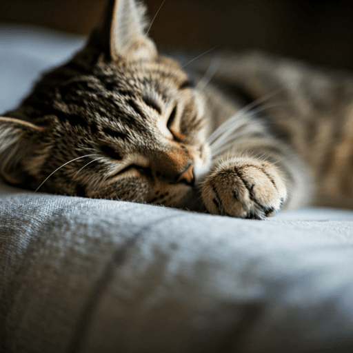 A kitten near a food bowl in warm indoor light